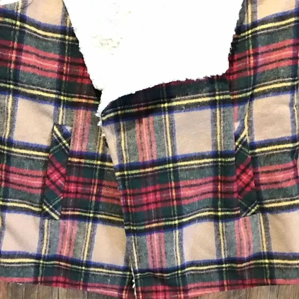 Maurices Vest SZ small plaid wool sherpa lining open front tan green warm
